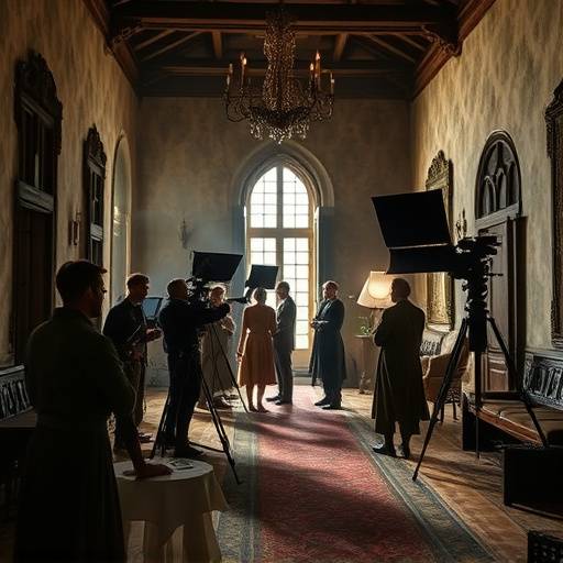 Tournage d'un film historique dans un château de la Loire. L'équipe technique et les acteurs sont en plein travail.